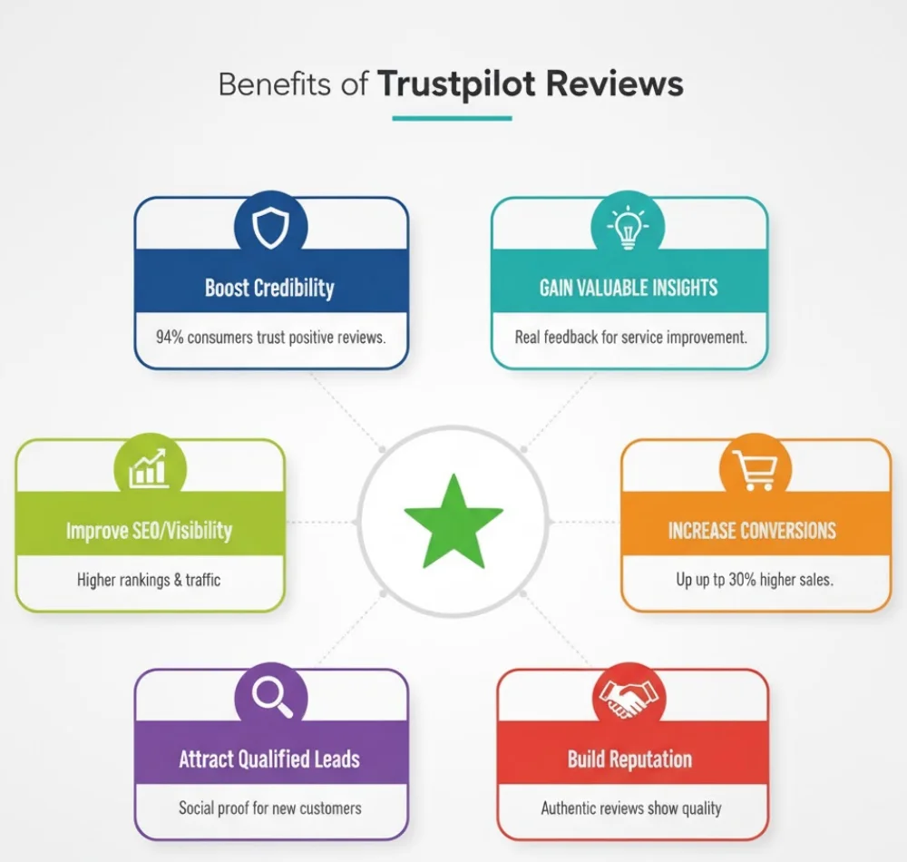 Trustpilot reviews infographic showing 6 benefits: boost brand credibility, improve online visibility, increase customer conversions, gain valuable insights, attract qualified leads, and build a strong reputation.